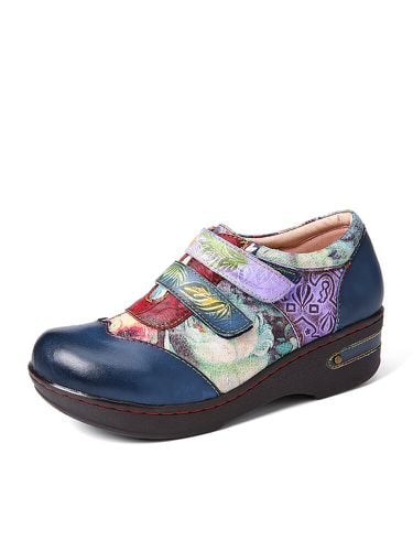 Chaussures en cuir véritable à fleurs colorées rétro en relief - Socofy - Modalova