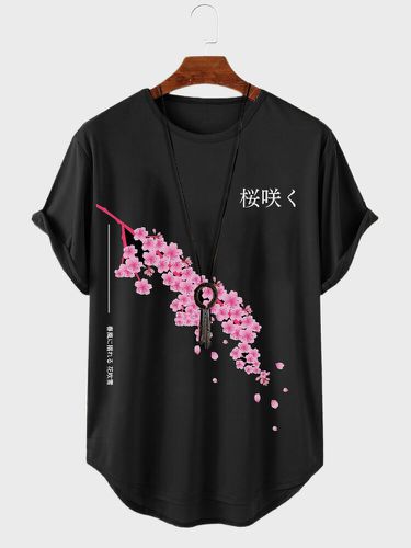 T-shirts à manches courtes à ourlet incurvés imprimés de fleurs de cerisier japonais hiver - Newchic - Modalova