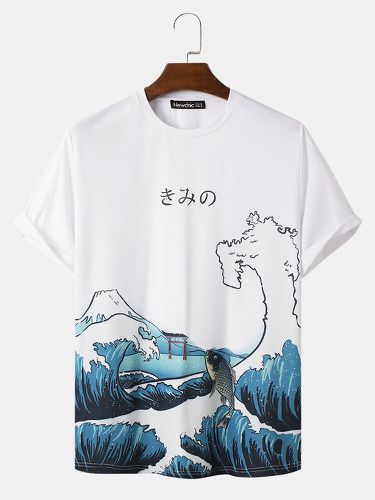 T-shirt Ukiyoe blanc à manches courtes et imprimé poisson vague dessin animés - Newchic - Modalova