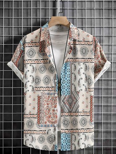 Chemises décontractées à manches courtess, motif ethnique géométrique, col à revers - Newchic - Modalova