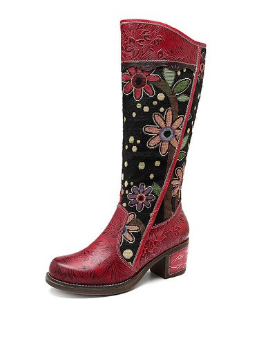 Boots à motif floral en cuir véritable à couture en jacquard - Socofy - Modalova