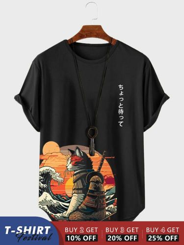 T-shirts à manches courtes avec ourlet incurvé et imprimé chat japonaiss - Newchic - Modalova