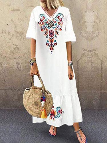 Vintage Embroidery V-neck Plus Size Dress - ZANZEA - Modalova