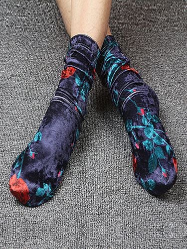 Women Retro Shiny Velvet Flowers Printing Tube Socks Breathable Sweat Long Heap Sock - Newchic - Modalova