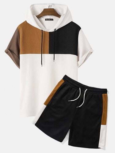 Mens Waffle Knit Color Block Patchwork Loose Short Sleeve Hooded Two Pieces Outfits - ChArmkpR - Modalova