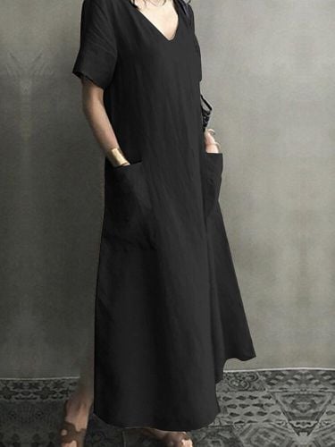 Vintage Short Sleeve V Neck Pockets Dress - ZANZEA - Modalova