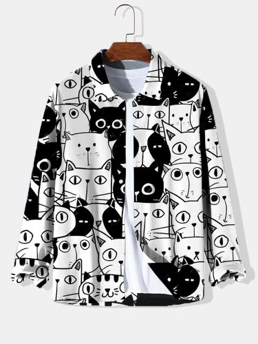 Chemises à manches longues boutonnéess avec impression de chat de dessin animé Allover hiver - ChArmkpR - Modalova