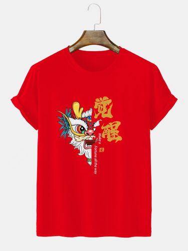 T-shirt à manches courtes et col ras du cou avec lettre de lion chinoise imprimée, hiver - Newchic - Modalova