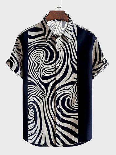 Chemises à manches courtes à revers en patchwork imprimé rayé abstraits hiver - Newchic - Modalova