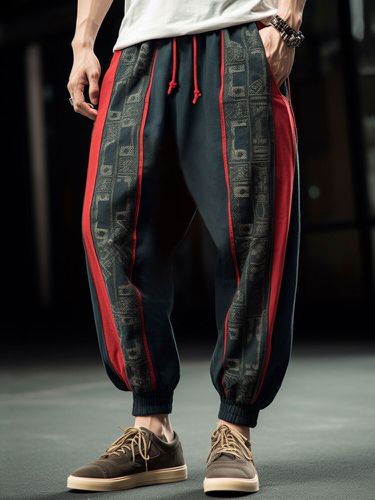Pantalon à la taille avec cordon de serrage, motif ethnique Tribal contrasté, Patchwork, hiver - ChArmkpR - Modalova