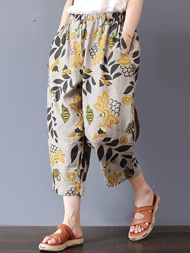 Pantalon taille élastique à imprimé floral vintage Plus avec poches - ZANZEA - Modalova