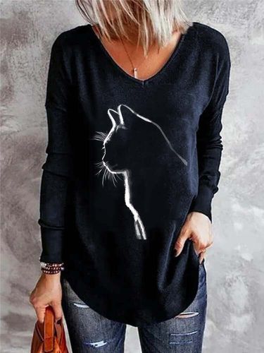 T-shirt décontracté à manches longues et col en V imprimé chat - Newchic - Modalova