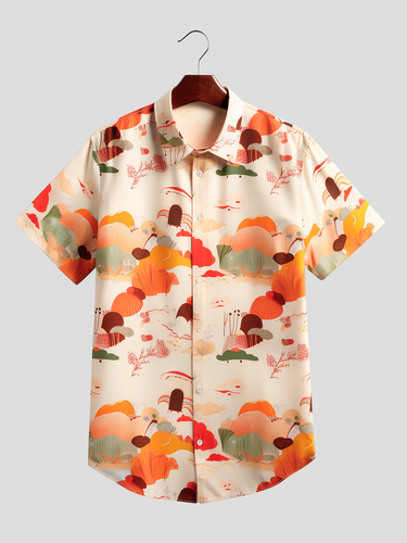 S Colorful Chemises à manches courtes avec revers à imprimé paysage de plantes - Newchic - Modalova