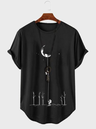 T-shirts à manches courtes avec ourlet incurvé et imprimé lune astronautes - Newchic - Modalova