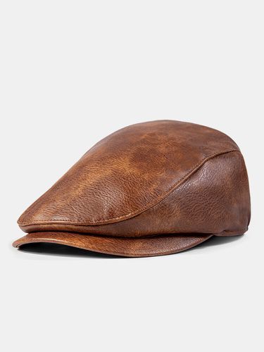 Men Washed Distressed PU Solid Color Absorb Sweat Breathable Casual Warmth Beret Newsboy Hat Flat Cap - Newchic - Modalova