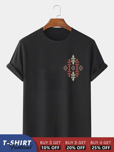 T-shirts à manches courtes et col ronds, imprimé ethnique géométrique sur la poitrine, hiver - Newchic - Modalova