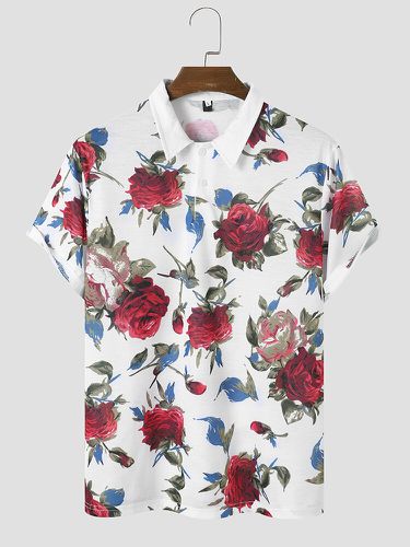 Men Rose Print Contract Trim Short Sleeve Casual Polos Shirts - Newchic - Modalova