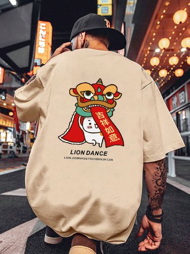 T-Shirts à manches courtes et col ronds, imprimé dans le dos du Lion chinois, hiver - Newchic - Modalova