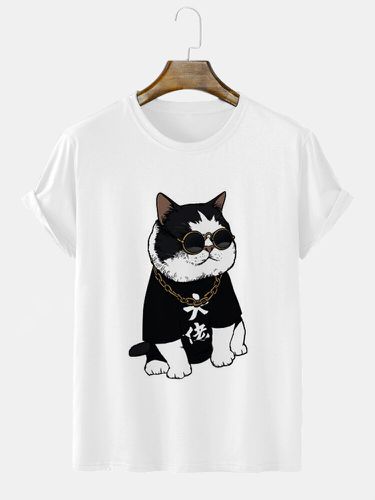 T-shirt à manches courtes et col ras du cou, motif chat de dessin animé, hiver - Newchic - Modalova