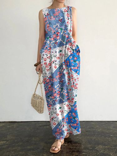 Floral Print Pocket Sleeveless Round Neck Maxi Dress - ZANZEA - Modalova