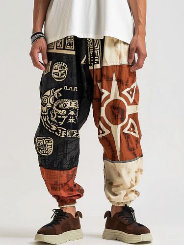 Pantalon décontracté à motif ethniques, patchwork avec cordon de serrage à la taille - Newchic - Modalova