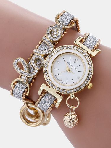 Montre-bracelet à quartz de mode en alliage d'or strass amour deux couches petites montres de cloche pour les s - Newchic - Modalova