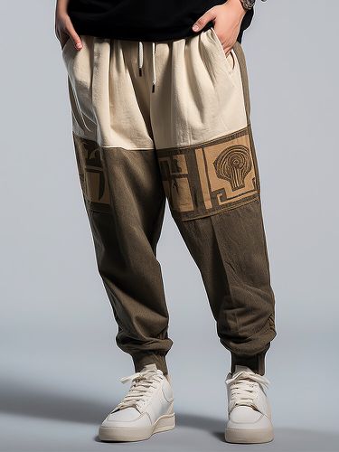 Pantalon à la taille avec cordon de serrage, Vintage, ethnique, imprimé géométrique, Patchwork, ample, hiver - ChArmkpR - Modalova