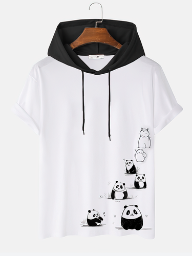 T-shirts à capuche contrastés à manches courtes Cartoon Panda - Newchic - Modalova