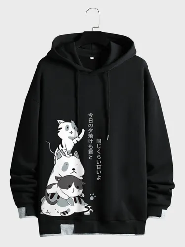 Sweats à capuche avec cordon de serrage en patchwork contrasté imprimé chat japonaiss - ChArmkpR - Modalova