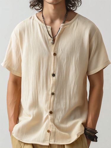 Chemise à manches courtes à col rond et texture de couleur unies - Newchic - Modalova