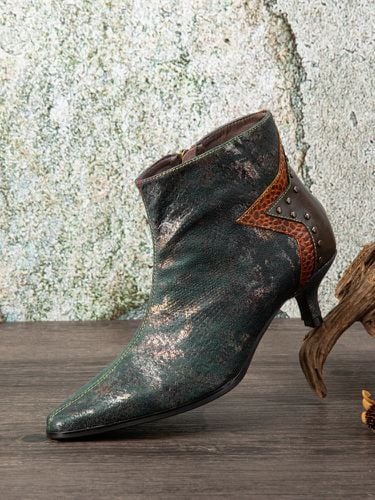 Vintage Metallic Lustre Cuir Léopard Patchwork Rivet Design Side-zip Low Cone Heel Boots - Socofy - Modalova