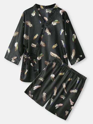 Ensembles de pyjamas confortables en satins avec cravate sur le côté et imprimé de plumes - Newchic - Modalova