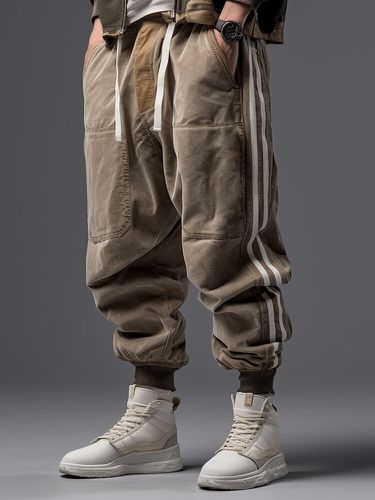Pantalon ample à taille avec cordon de serrage et patchwork à rayures latéraless - ChArmkpR - Modalova