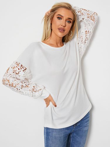 Solid Long Sleeve O-neck Lace Patchwork T-shirt For Women - Newchic - Modalova