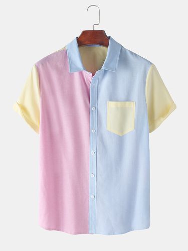 Mens Casual Stitching Contrast Color Short Sleeve Shirts - ChArmkpR - Modalova