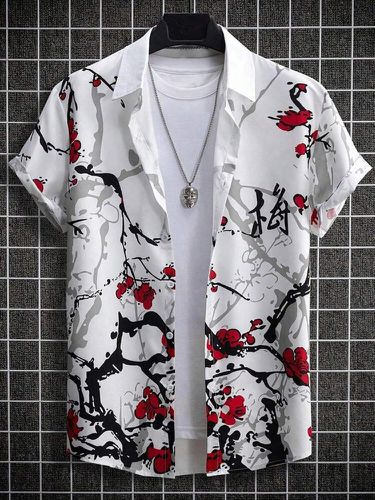 Chemises à manches courtes et col à revers imprimé fleurs de pruniers - Newchic - Modalova
