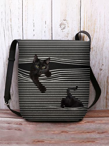 Women Felt Stripe Cat Print Crossbody Bag - Socofy-1 - Modalova