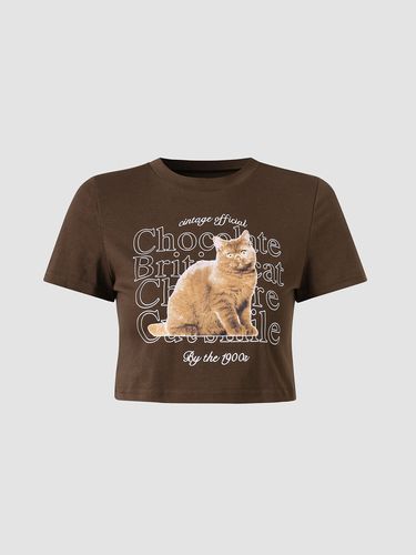 T-shirt décontracté à manches courtes et col rond imprimé chat drôle - RINSTA - Modalova