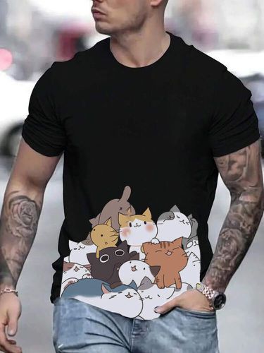 T-shirts à manches courtes et col ronds, imprimé chat de dessin animé mignon, hiver - Newchic - Modalova