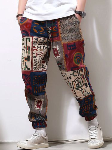Pantalon à taille avec cordon de serrage et poches latérales à imprimé ethnique géométriques - Newchic - Modalova
