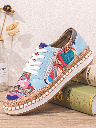Women Casual Lace-up Zipper Design Colorful Pattern Flat Loafers Shoes - Lostisy - Modalova