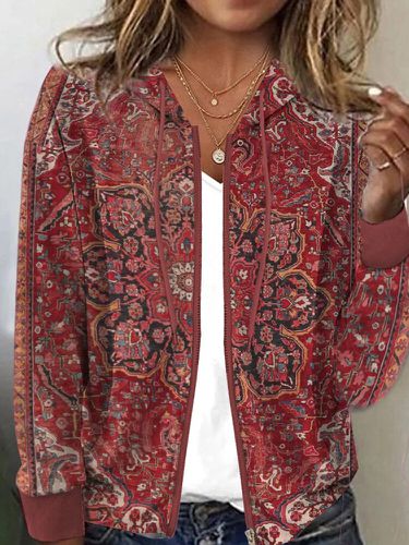 Veste à capuche avec cordon de serrage et fermeture éclair sur le devant, imprimé floral ethnique - Newchic - Modalova