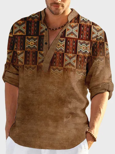Chemises Henley à manches longues et demi-bouton à imprimé géométrique ethniques - ChArmkpR - Modalova