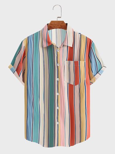 Chemises décontractées à manches courtes à col à revers rayé multicolores - Newchic - Modalova