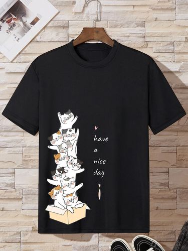 T-shirts à manches courtes et col rond imprimés avec slogan de chat de dessin animés, hiver - Newchic - Modalova