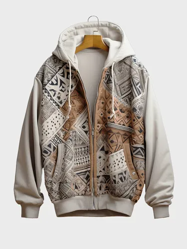 Veste à capuche avec fermeture éclair sur le devant, ethnique, vintage, imprimé géométrique, patchwork, hiver - ChArmkpR - Modalova