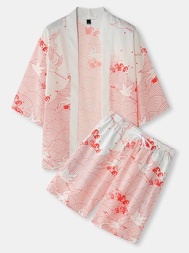 Mens Crane Propitious Clouds Pattern Kimono & Drawstring Shorts Holiday Co-ords - ChArmkpR - Modalova
