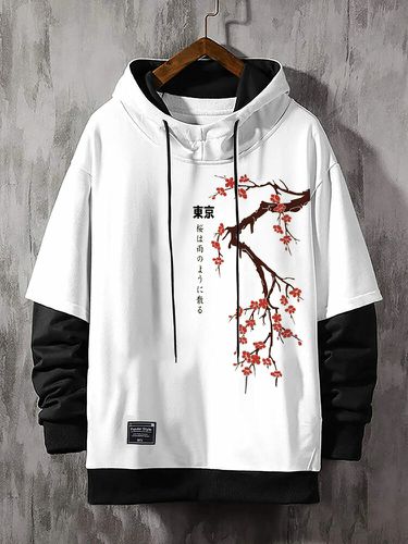 Sweat à capuche avec cordon de serrages, imprimé de fleurs de cerisier japonais, contraste contrasté, hiver - ChArmkpR - Modalova