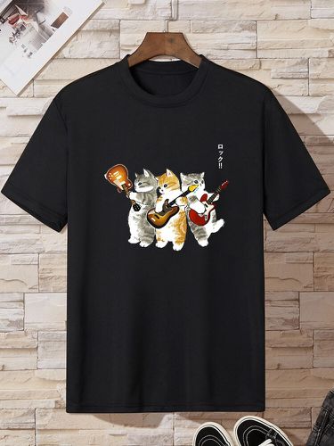 T-shirts à manches courtes et col ronds, imprimé chat japonais et guitare - Newchic - Modalova