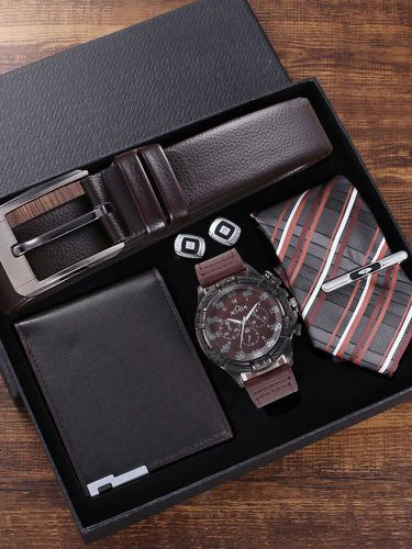 Pièces s affaires Watch ensemble cuir Quartz Watch ceinture portefeuille boutons de manchette aléatoire cravate c - Newchic - Modalova